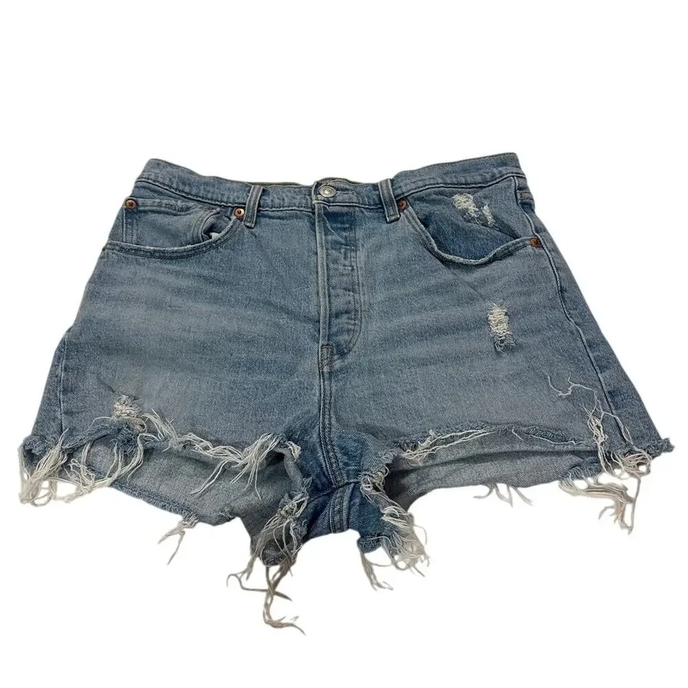 Levis Women’s 31 Ribcage Straight Denim Shorts High Rise Cutoff Raw Hem Blue